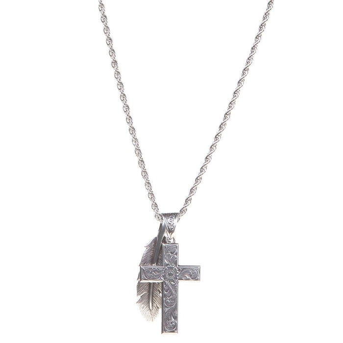 M+F Western Products Silver Cross And Feather Necklace