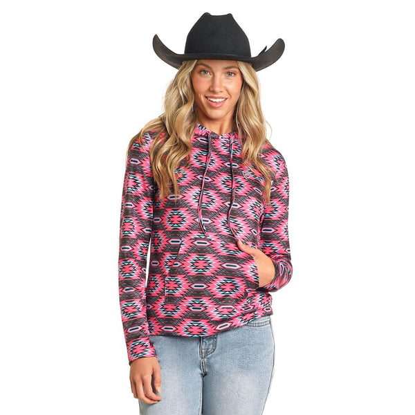 Ladies Gray & Pink Aztec Printed Hoodie main image 0