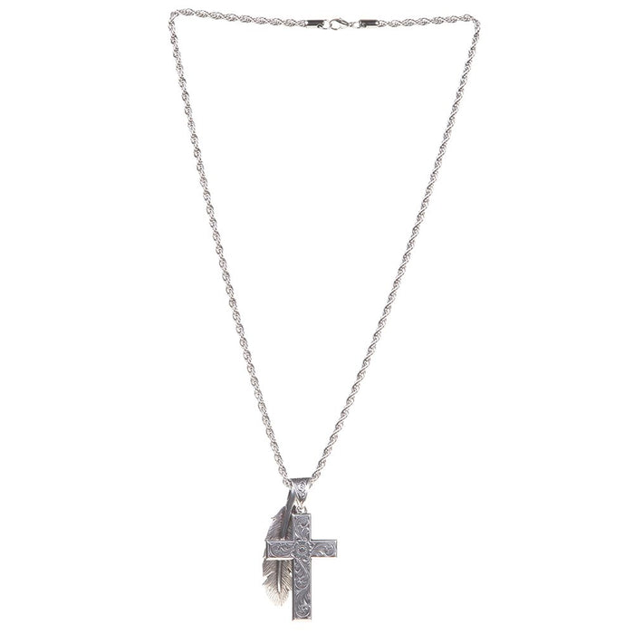 M+F Western Products Silver Cross And Feather Necklace
