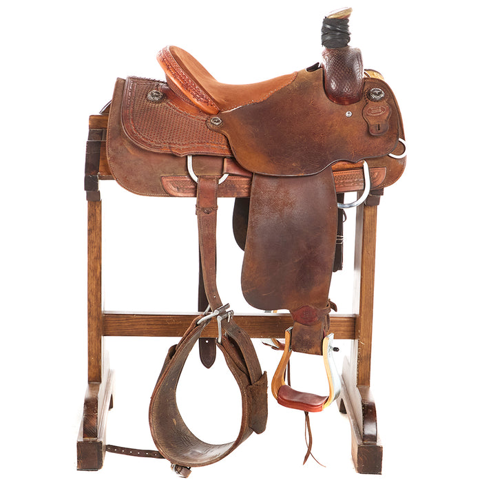 Mike`S Custom Saddlery Used 14in Basket Stamp with Barbed Wire Border Team Roper