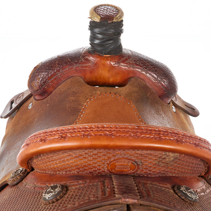 Mike`S Custom Saddlery Used 14in Basket Stamp with Barbed Wire Border Team Roper