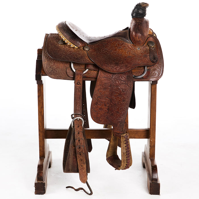 Circle Y Saddlery Used 15in Full Floral Team Roper with a Quilted Seat