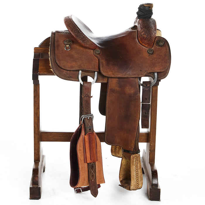 Hw Leather Used 14.5in Floral Team Roper with name on Cantle
