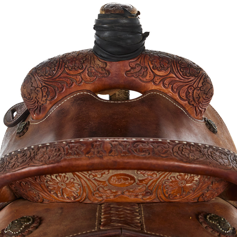 Hw Leather Used 14.5in Floral Team Roper with name on Cantle