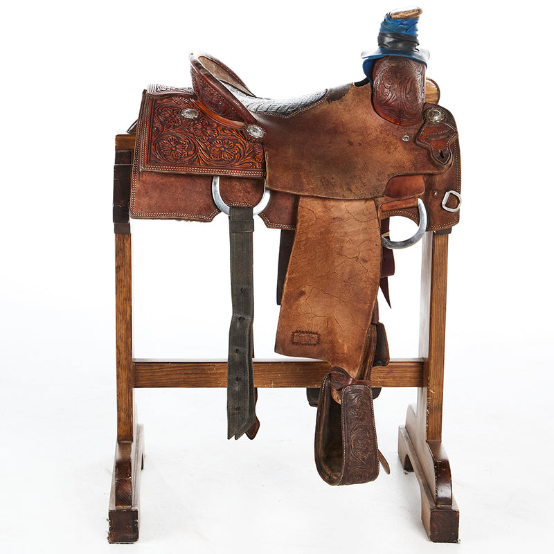 Trent Ward Used 14.5in 1/4 Breed Floral with Inlaid Gator Seat Team Roper
