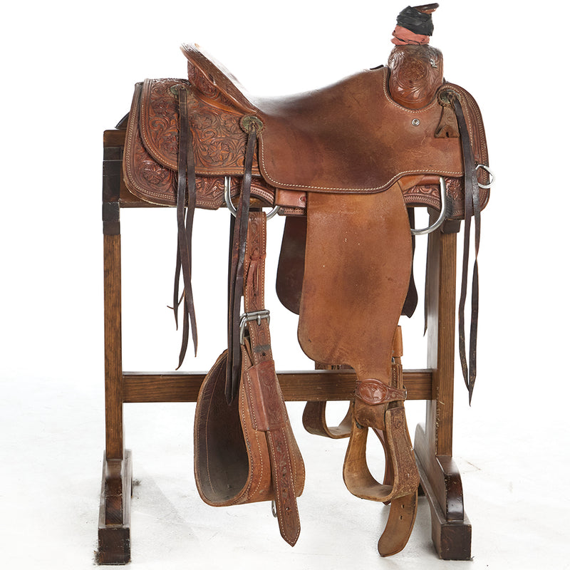 Twister Saddle Shop Used 15in 3/4 Floral Tooled Team Roping Saddle