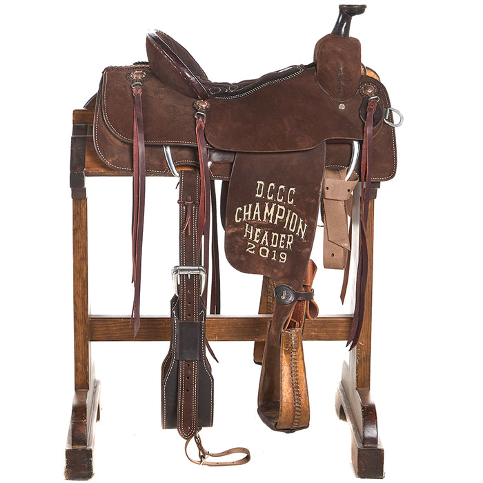 Double J Saddlery Used 15in Chocolate DCCC Trophy Team Roper