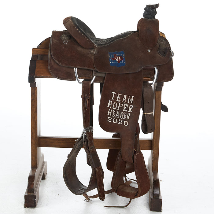 Double J Saddlery Used 14in Chocolate Roughout Trophy Team Roper