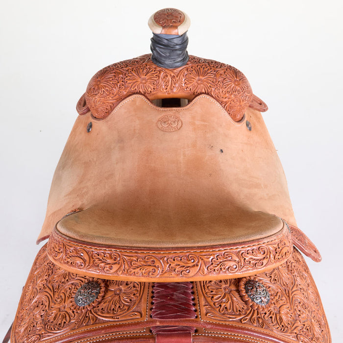 NRS Used 14in1/2 Floral Tooled Team Roping Saddle