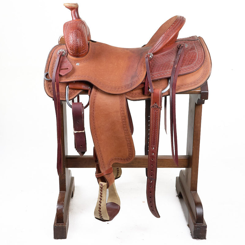 Futurity Custom Saddles Used 16in Diamond Basket Stamp Team Roper
