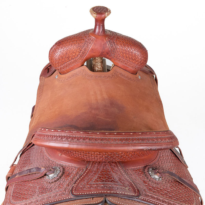 Futurity Custom Saddles Used 16in Diamond Basket Stamp Team Roper