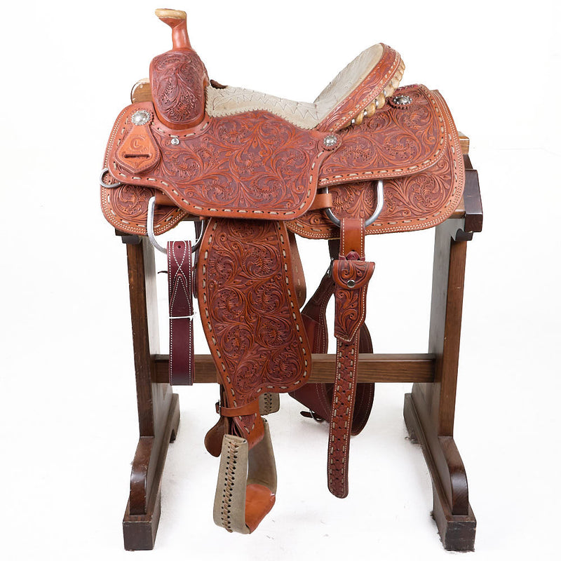 C & L Custom Saddles Used 14in Full Floral Team Roper with Quilted Seat