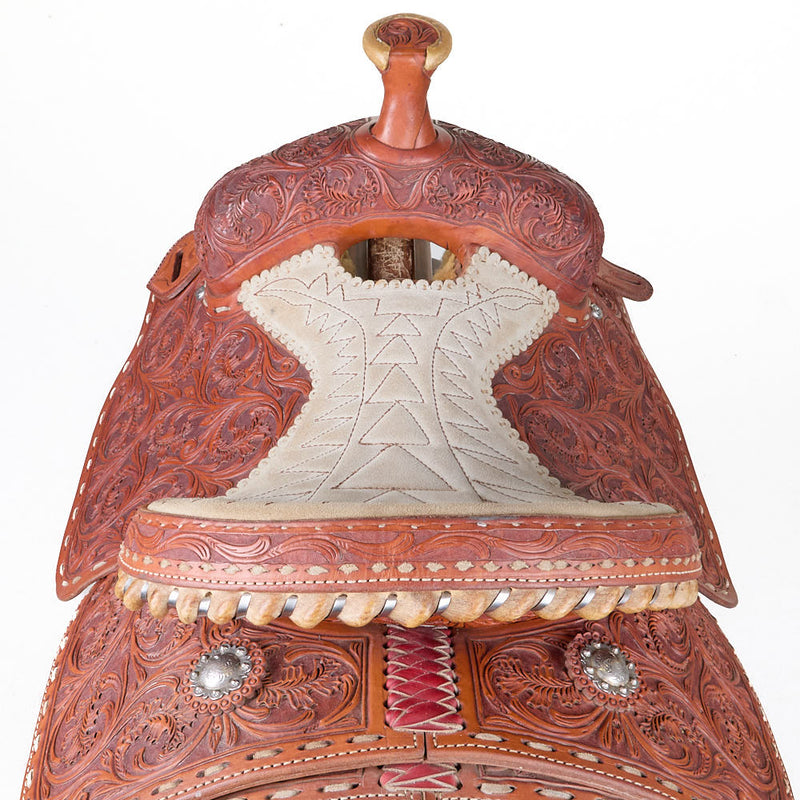 C & L Custom Saddles Used 14in Full Floral Team Roper with Quilted Seat