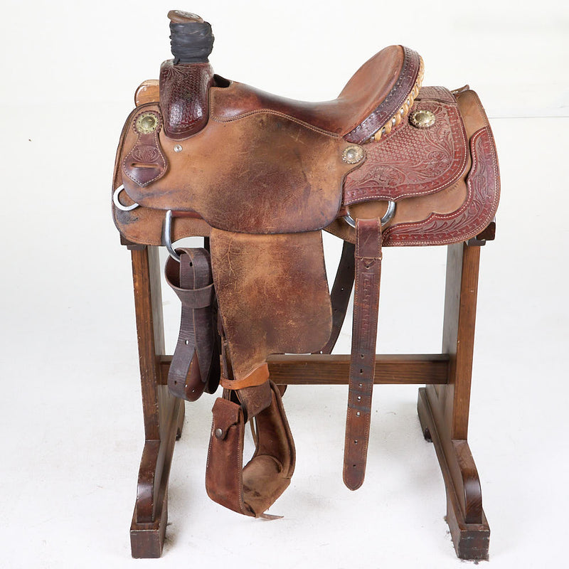 NRS Used 14in 1/4 Breed Basket Stamped NRS Pro Series Team Roping Saddle