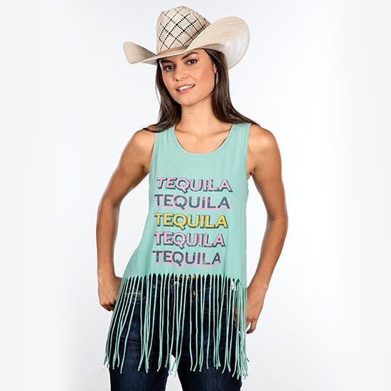 Rock & Roll Denim Tequila Fringe Tank