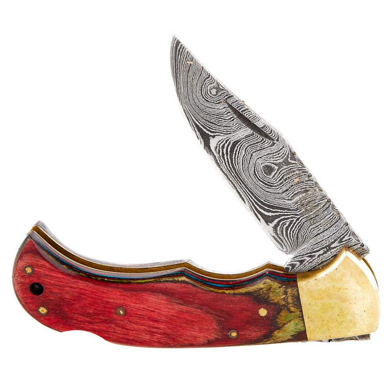 Rill Simple Tools, Llc Colorado Red Damascus Folding Skinner w/Sheath 019