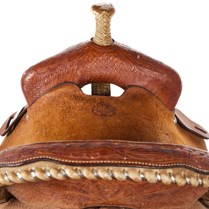 Connie Combs USed 14.5in Spider and Feather Tooled Barrel Saddle