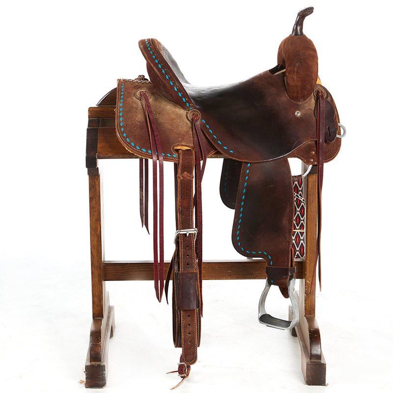 Robert Teskey Used 15in Chocolate with Turquoise Buckstitch Barrel Saddle