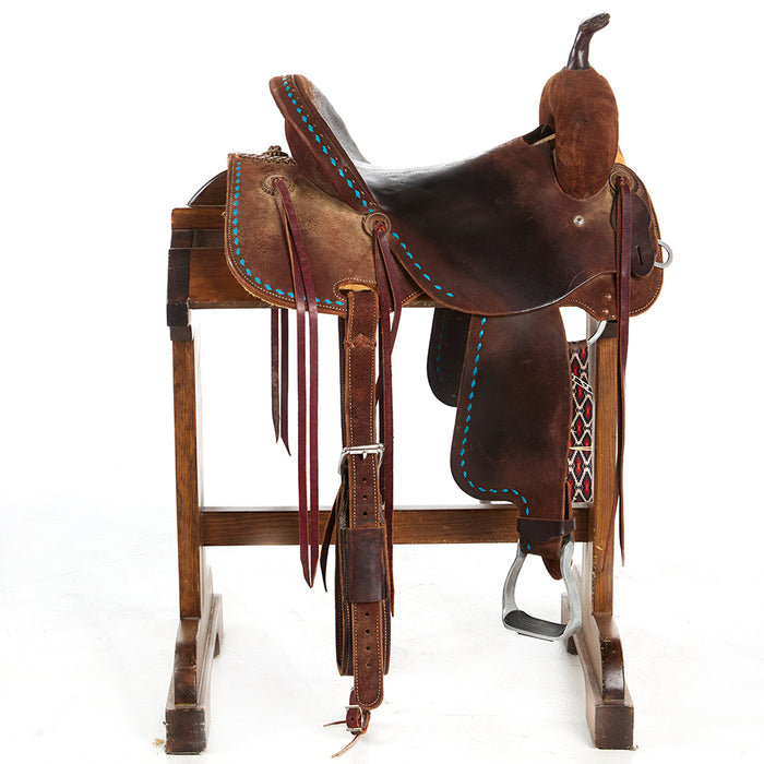 Robert Teskey Used 15in Chocolate with Turquoise Buckstitch Barrel Saddle