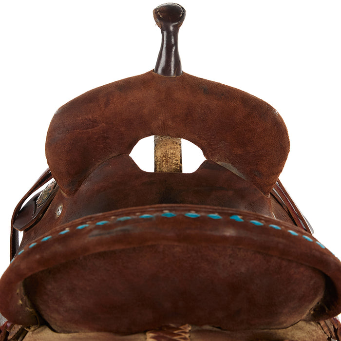Robert Teskey Used 15in Chocolate with Turquoise Buckstitch Barrel Saddle
