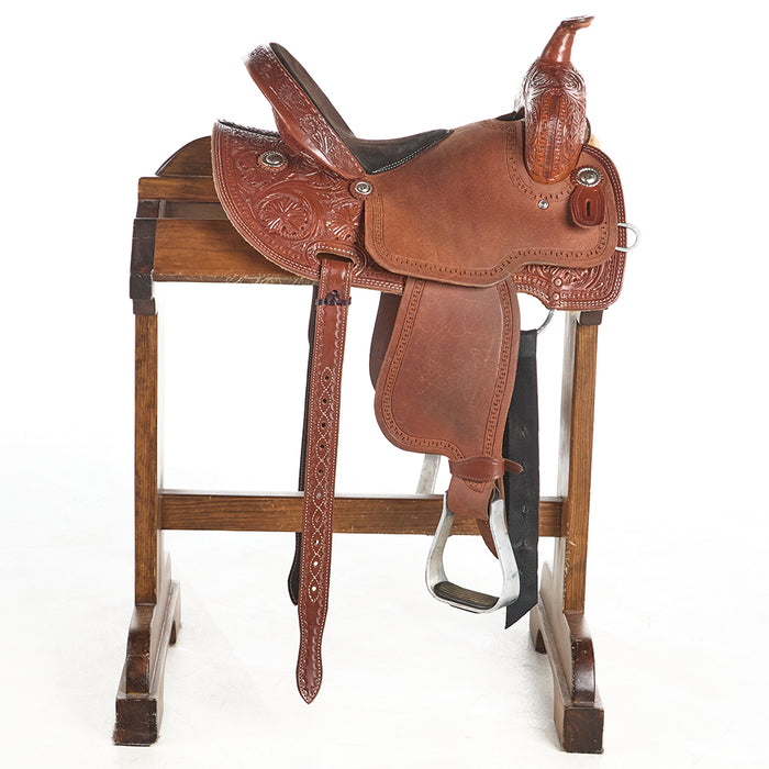 Corriente Used 14.5in Floral Tooling with Rope Border Barrel Saddle