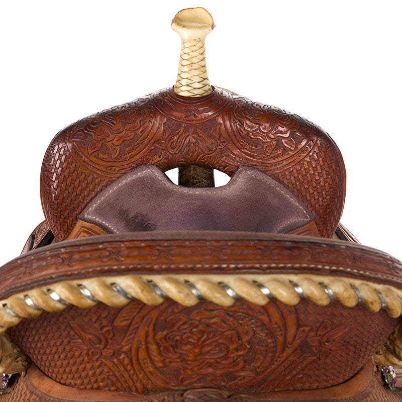 Frontier Saddlery Used 13.5in Mini Basket Floral Combo Barrel Saddle