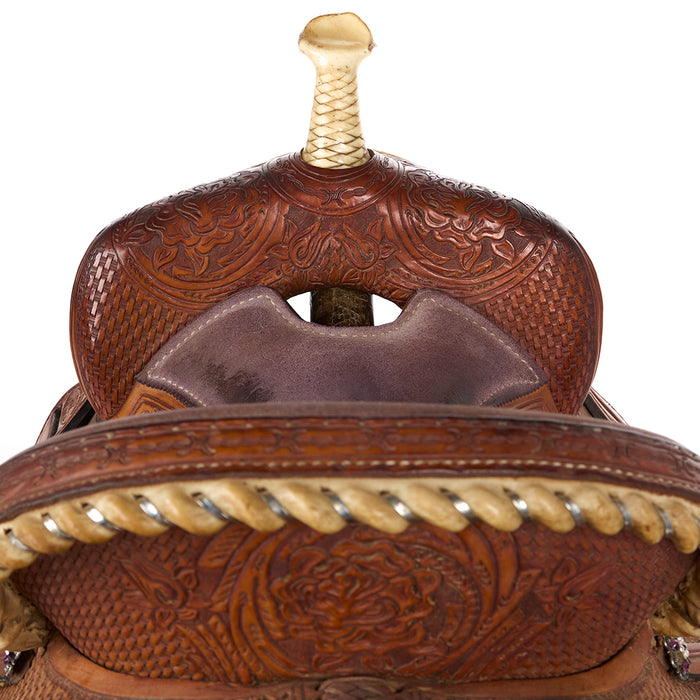 Frontier Saddlery Used 13.5in Mini Basket Floral Combo Barrel Saddle