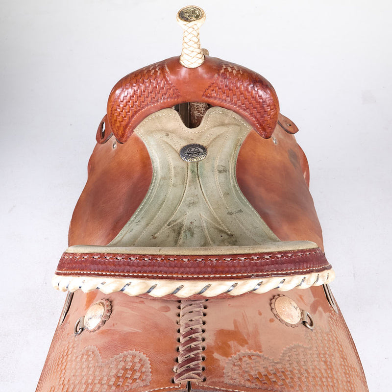 Billy Cook Used 15in 1/4 Basket Stamp Longhorn Barrel Saddle