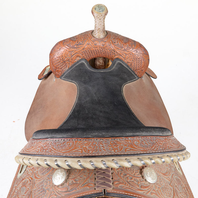 Circle Y Saddlery Used 14in 1/2 Breed Floral and Basket Trophy Barrel Saddle