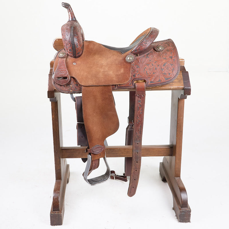 Trent Ward Used 14in Floral with Inlaid Seat Barrel Saddle