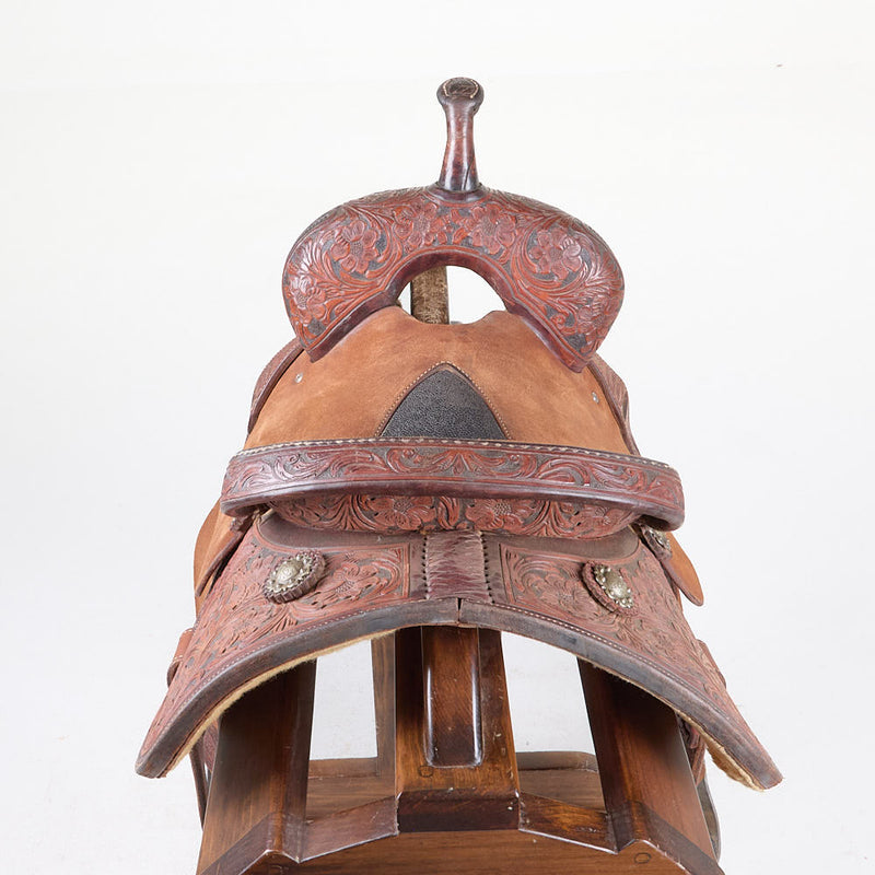 Trent Ward Used 14in Floral with Inlaid Seat Barrel Saddle