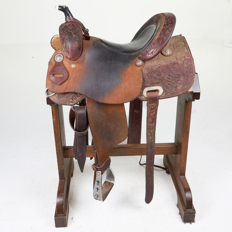 Fort Worth Saddlery Used 14.5in Floral Tooled Barrel Saddle