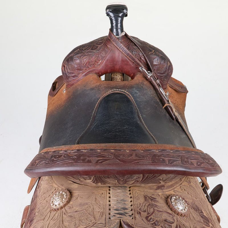 Fort Worth Saddlery Used 14.5in Floral Tooled Barrel Saddle