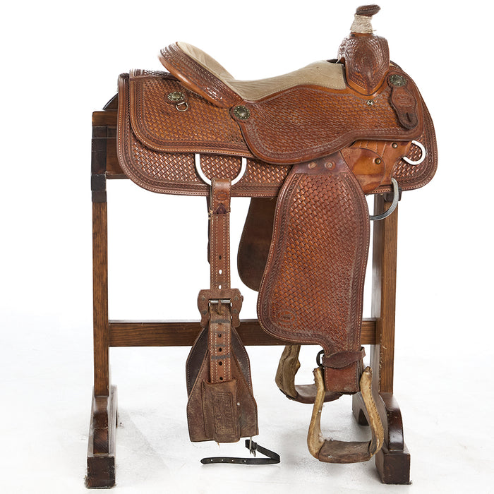 Coats Used 15in Basket Stamped Calf Roping Saddle