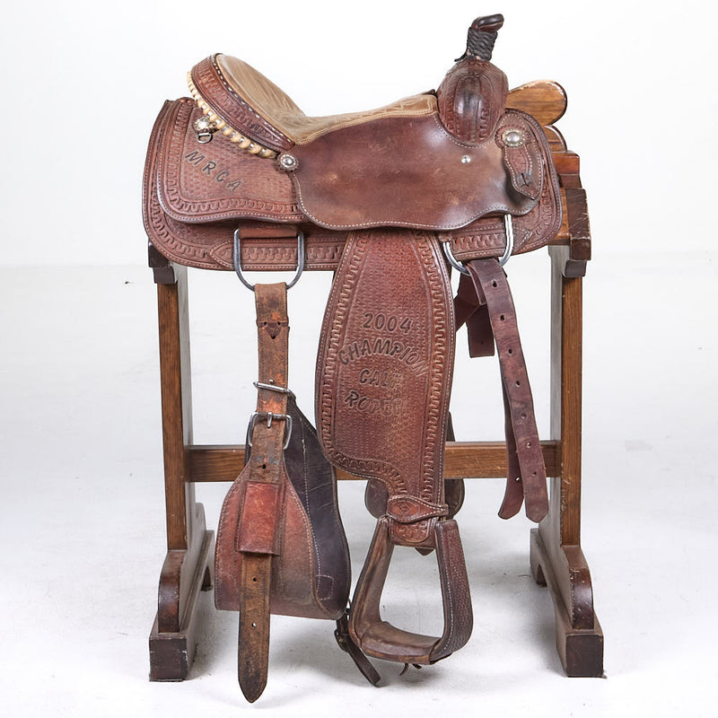 Slone Diamond S Saddles Used 14.5 3/4 Basket Stamp Calf Roping Saddle