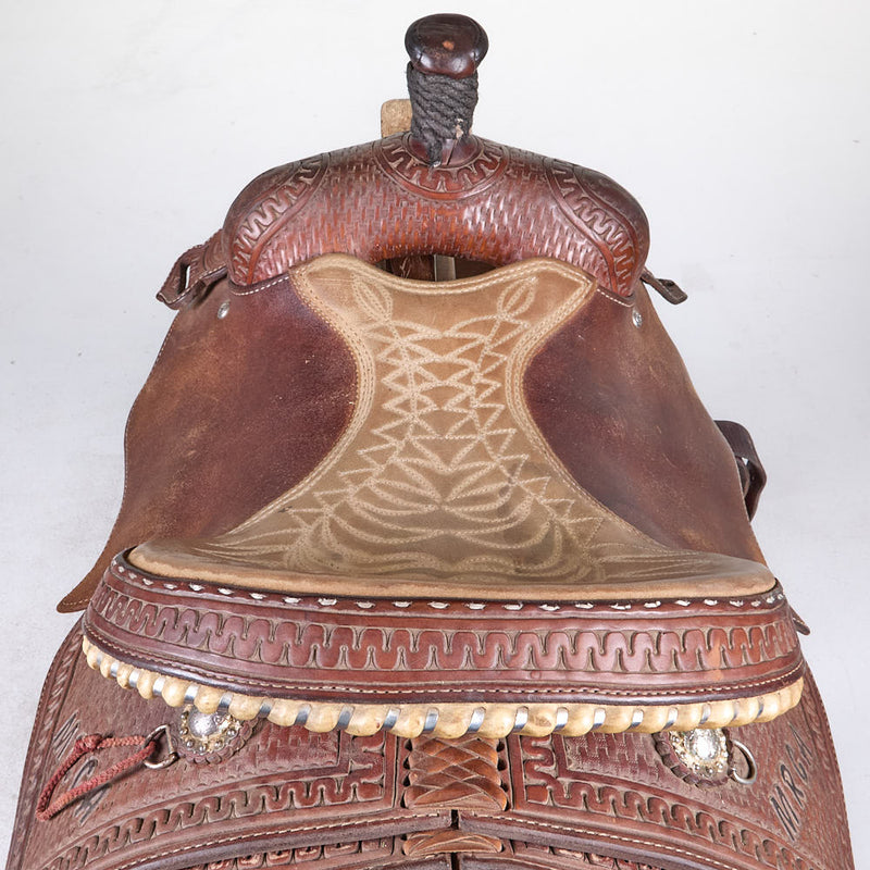 Slone Diamond S Saddles Used 14.5 3/4 Basket Stamp Calf Roping Saddle