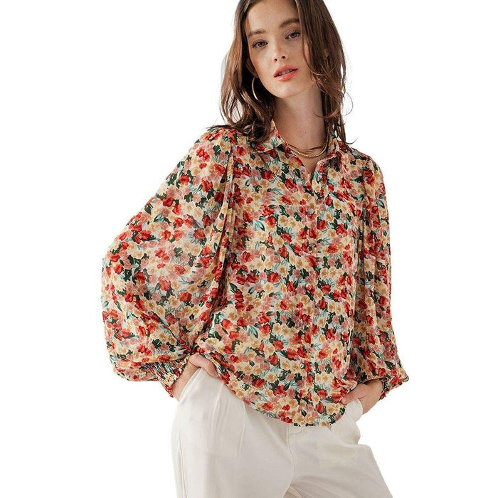 Trend:Notes Women's Green and Coral Floral Print Blouse
