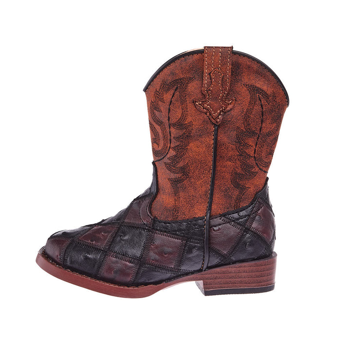 Roper Toddler Bird Blocks Brown and Black Faux Ostrich Patchwork Cowboy Boot