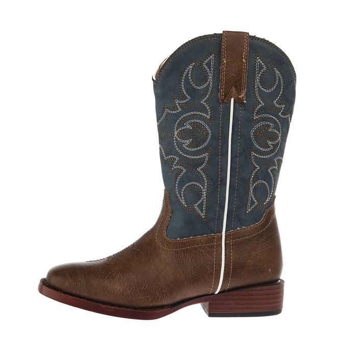 Roper Kids Ainsley Brown Faux Leather and Blue Vintage Shaft Cowboy Boot