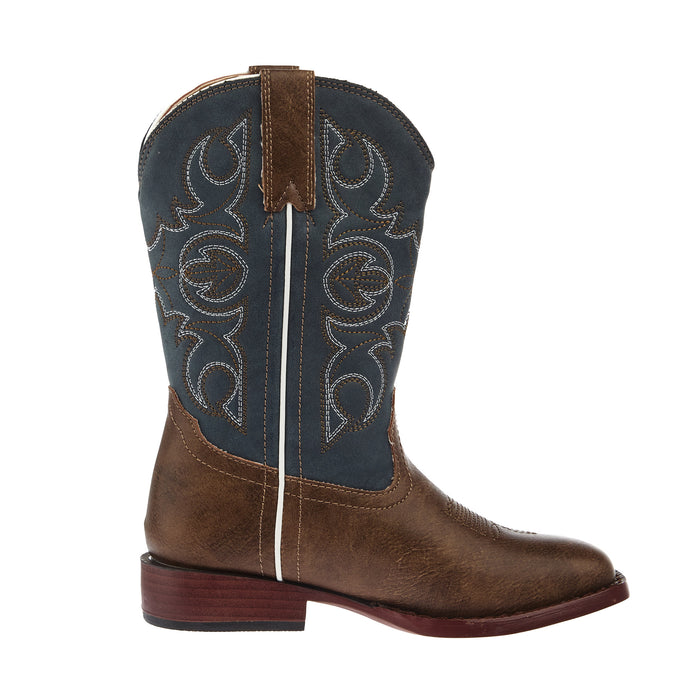 Roper Kids Ainsley Brown Faux Leather and Blue Vintage Shaft Cowboy Boot