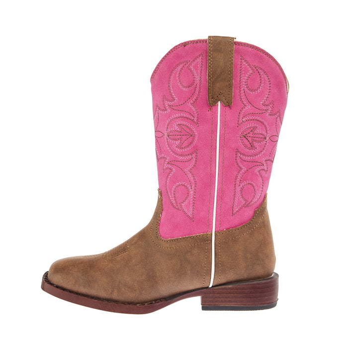Roper Kids Ainsley Tan Faux Leather and Pink Vintage Shaft Cowgirl Boot
