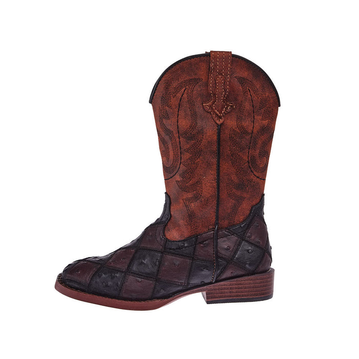 Roper Footwear Childrens Bird Blocks Brown and Black Faux Ostrich Patchwork Cowboy Boot