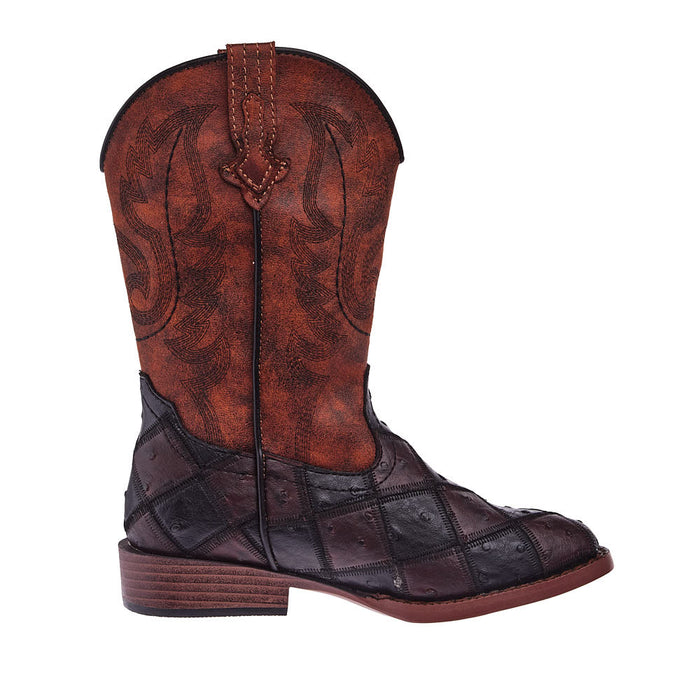 Roper Footwear Childrens Bird Blocks Brown and Black Faux Ostrich Patchwork Cowboy Boot