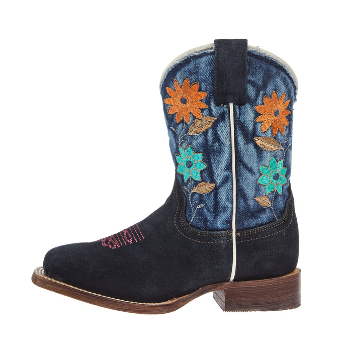 Roper Footwear Kid`s Flower Power Blue Suede and Denim Shaft Cowgirl Boot