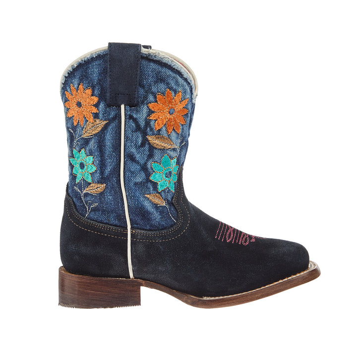 Roper Footwear Kid`s Flower Power Blue Suede and Denim Shaft Cowgirl Boot