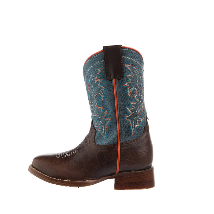 Roper Footwear Kid's Burnished Brown Vamp 8in Waxy Dark Blue Top