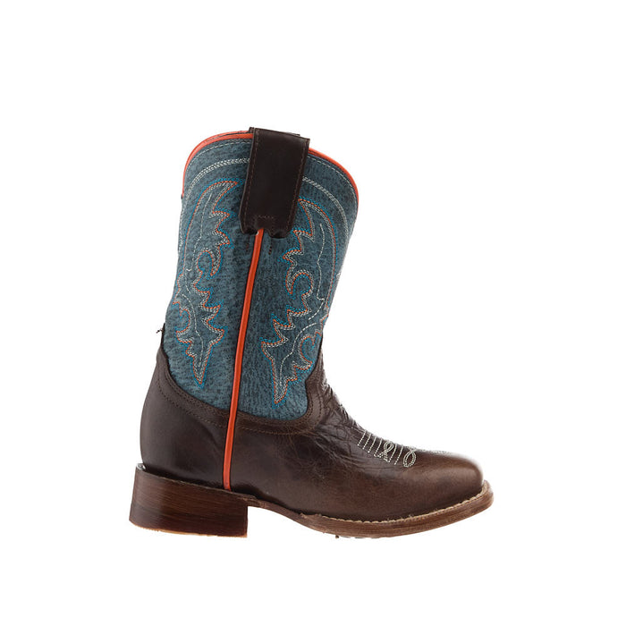 Roper Footwear Kid's Burnished Brown Vamp 8in Waxy Dark Blue Top