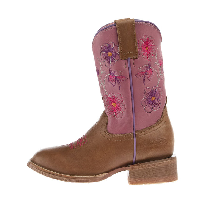 Roper Footwear Kid's Waxy Tan Vamp 8in Pink Flower Embroidered Top