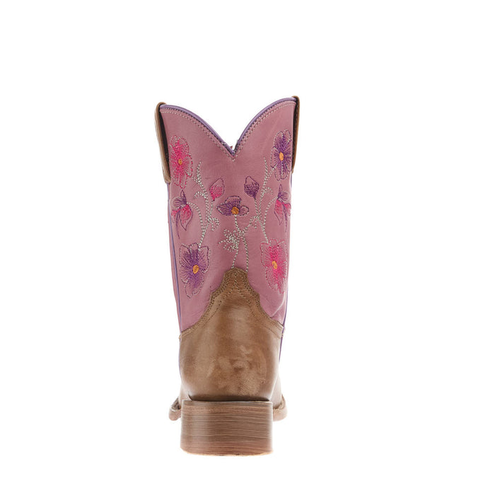 Roper Footwear Kid's Waxy Tan Vamp 8in Pink Flower Embroidered Top