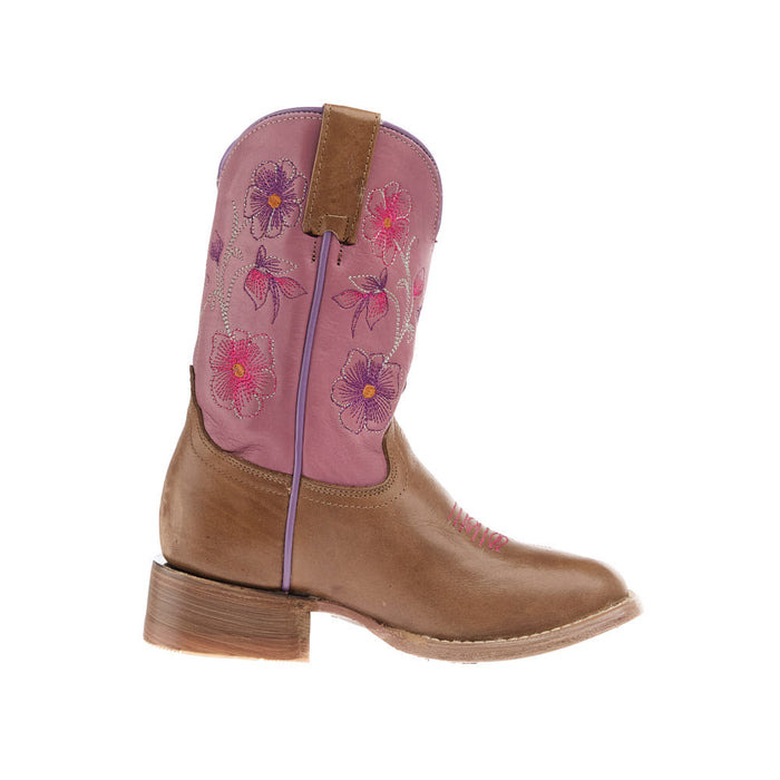 Roper Footwear Kid's Waxy Tan Vamp 8in Pink Flower Embroidered Top